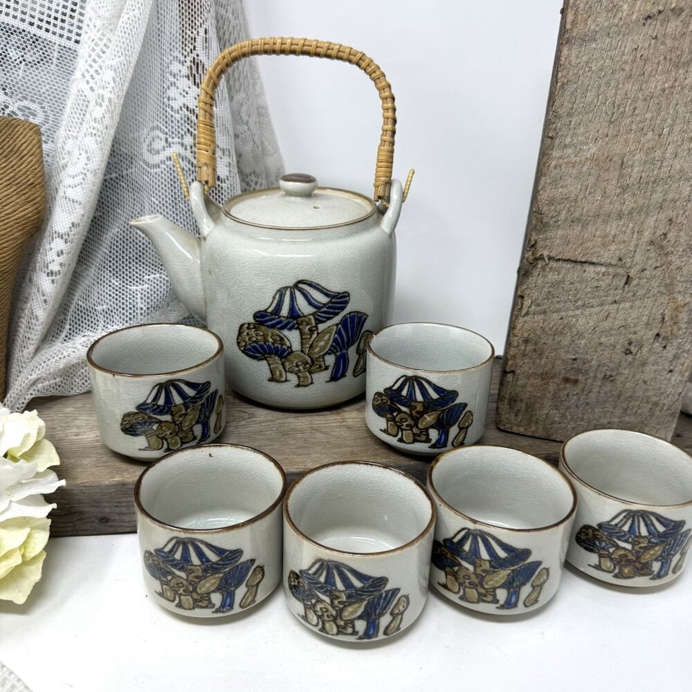 Vintage Ceramic Teapot Set With 6 Matching Cups Mushroom Design Wicker Handle